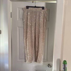 Cream Ankle Cropped Pants with Shimmery Fabric and Elastic Waistband